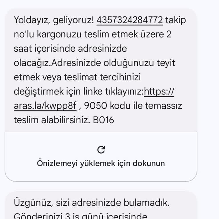 Aras Kargo Saydam Şubesi Sizi Evde Bulamadık Mesajı