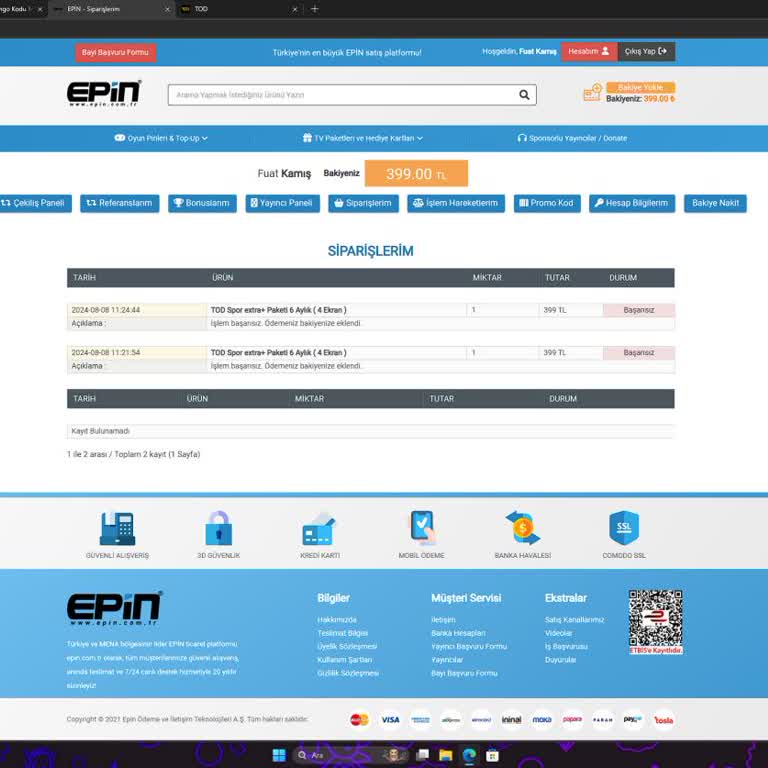 epin.com.tr Epin Tod Spor Extra+ Paketi 6 Aylık ( 4 Ekran ) Başarısız İşlem