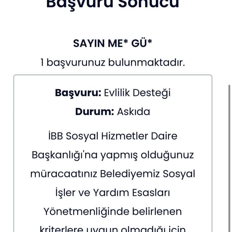 İBB - İstanbul Büyükşehir Belediyesi Evlilik Desteği Başvurum Anında Olumsuz Değerlendirildi