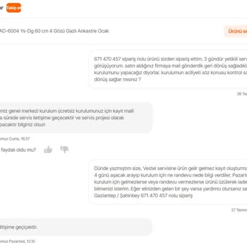 Hepsiburada Vestel Ocak Kurulum Desteği Sağlamıyor