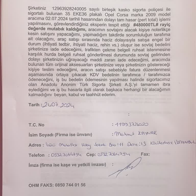 Anadolu Sigorta Aracıma Pert Kararı Verilmesine Rağmen Param Yatmadı
