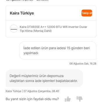 Kaira Klima Hepsiburada Üzerinden Alınan Klima İadesinde Yaşanan Sorun