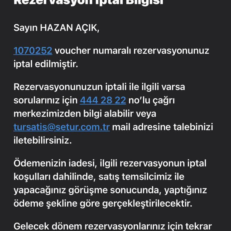 Setur Para İadesi Yapmıyor.