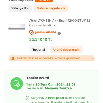 Airfel Klima Kurulumu İçin Gelmiyorlar. Geri Dönüş Yapılmadı