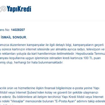Yapı Kredi Bankası World Puan Kampanyası Eksik Ödül Verildi.