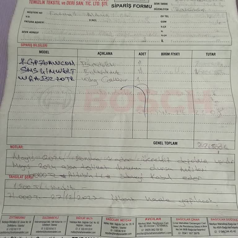 Bosch Fabrika Ürünlerimi Vermiyor