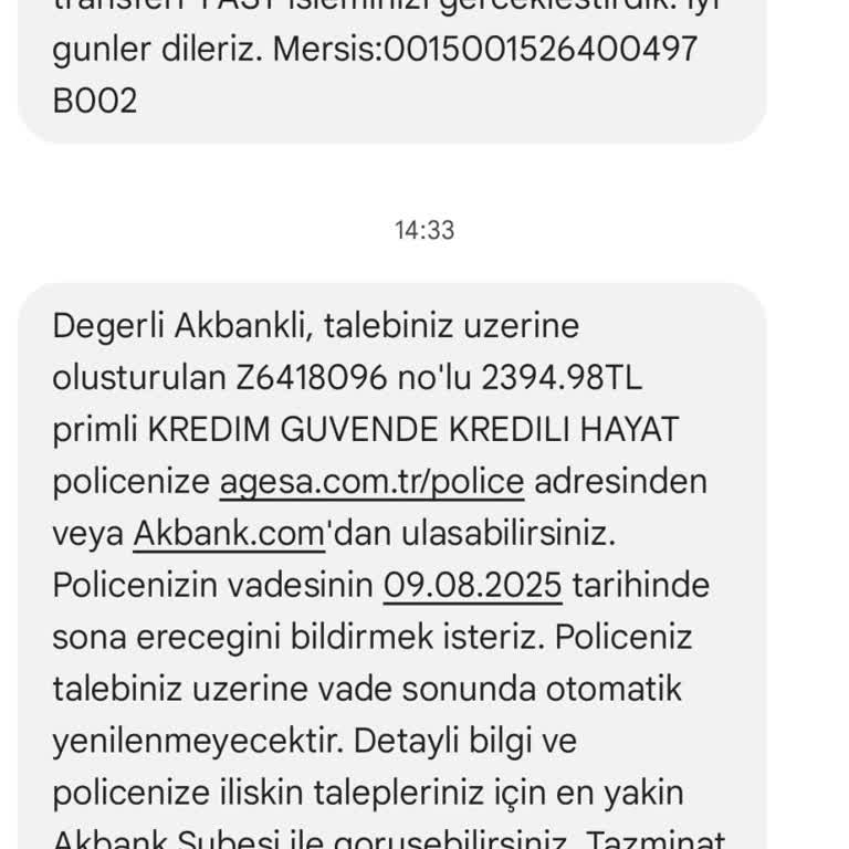 Akbank Kredi Kullanım İçin Kesilen Sigorta Primi