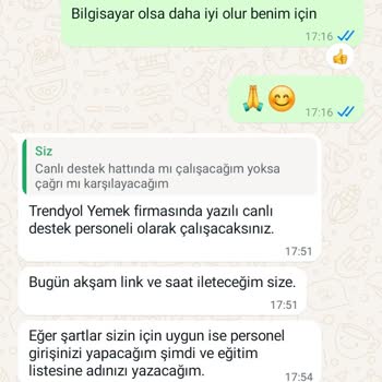 Trendyol Yemek Firması Yazılı Canlı Destek Personeli
