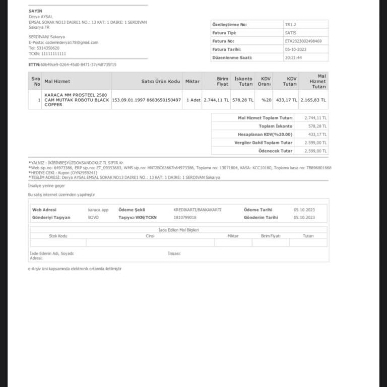 Karaca Züccaciye Kusurlu Ürün Telafi Edilsin