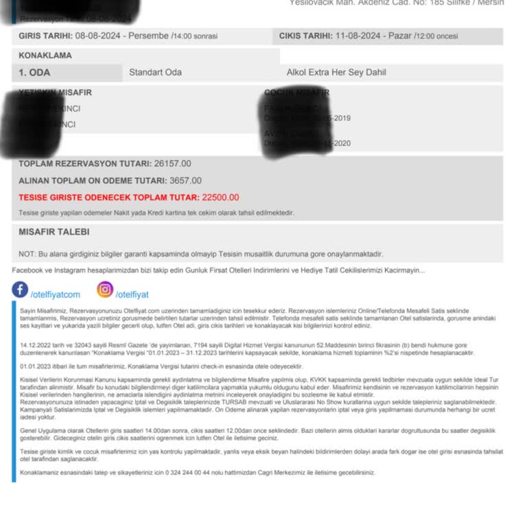Otelfiyat.com (İdeal Tur) Rezervasyon Sorunu Ve İade Edilmeyen Ücretler