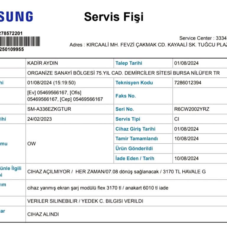 Samsung Yetkili Servis Garanti Kapsamında Ücret Talep Ediyor