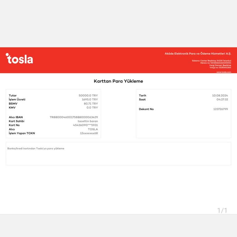 Tosla Uygulamasında Yanlışlıkla Yüklenen 50000 TL Ve Kesilen İşlem Ücreti