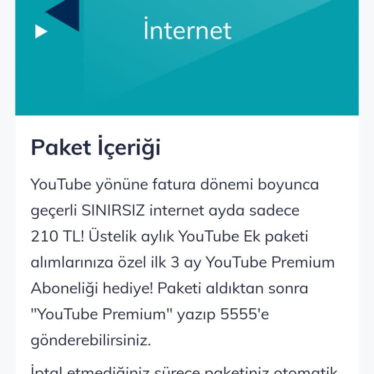 Türk Telekom Mobil Veri Tüketen Aylık Sınırsız Youtube.com Paketi
