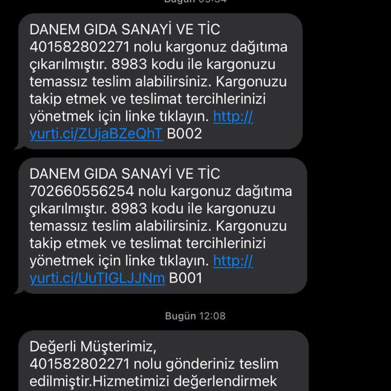 Danem Gıda Yurtiçi Kargo'dan Gelen Mesaj