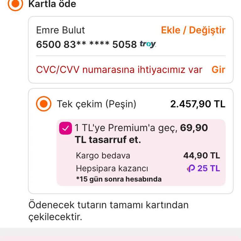 Hepsiburada Ödeme Kısmında Premium Seçeneğinin Otomatik Seçilmesi