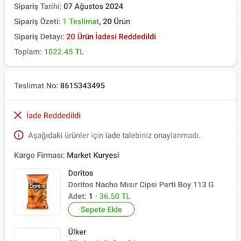 Trendyol Hızlı Market Siparişim Teslim Edilmedi İadem Reddedildi