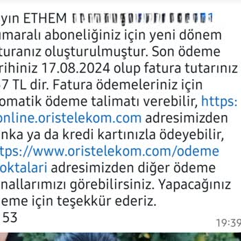 ORIS Telekom 1 Hafta İçerisinde 2 Fatura Ücreti Ödenmesi Talep Edilmesi.
