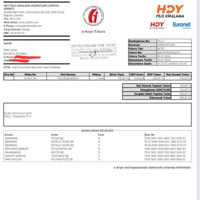 HDY Everyday Rent A Car Karttan Haksız Yere HGS Ücreti Çekilmesi