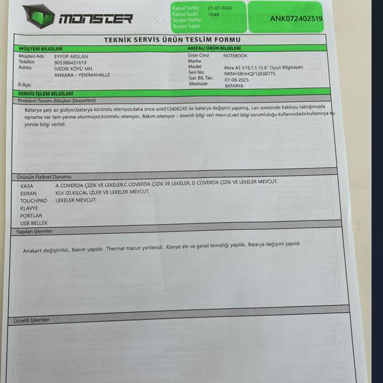 Monster Notebook Servise Giden Bilgisayarımın Batarya Problemi