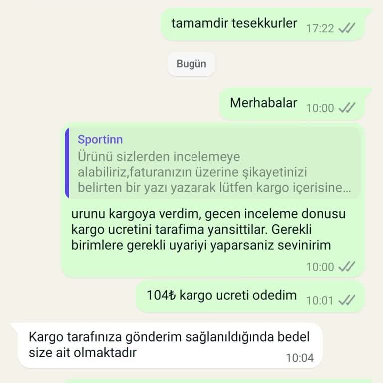 Sportinn Satış Sonrasında Yetersiz, İnceleme Kargo Ücreti Size Ait