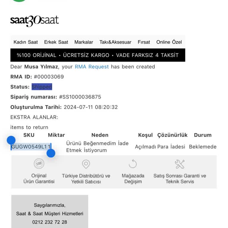 Saat & Saat İade Süreci Ve Müşteri Hizmetleri Sorunları