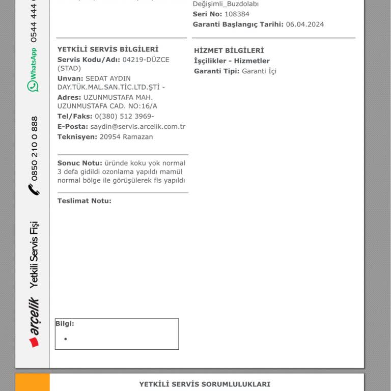 Arçelik Buzdolabı Koku Problemi ve Hatalı Servis Raporu