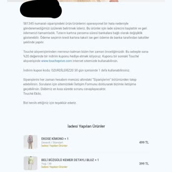 Touché Privé Sipariş İptali Ve Para İadesi Sorunu