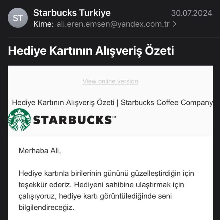 Starbucks Gift Card Mail Sorunu