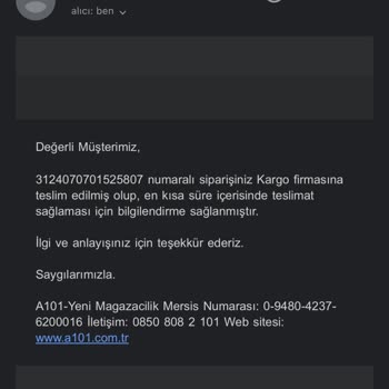 A101 Ürünümü Göndermedi, Urunu Göndermiş Gibi Gösteren Bir Mail Attı
