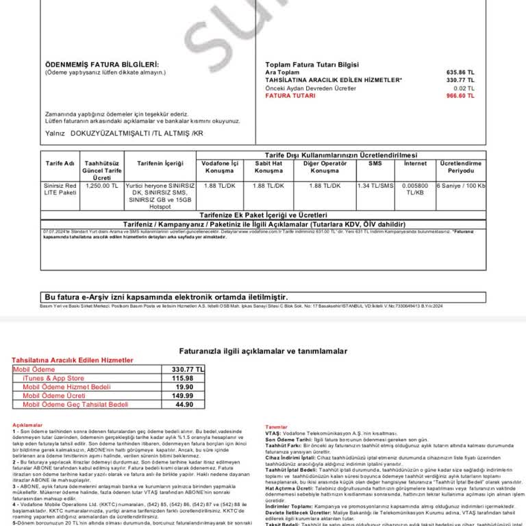Vodafone Mobil Ödeme ve Ek Ücret Sorunları