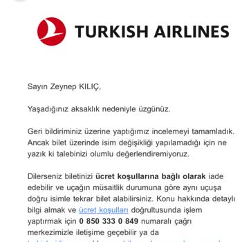 Türk Hava Yolları Biletteki Soy İsmi Değişikliği