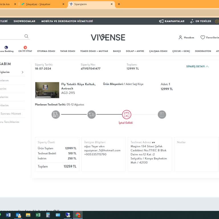 Vivense Firmasından Para İadesi Yapılmadı.