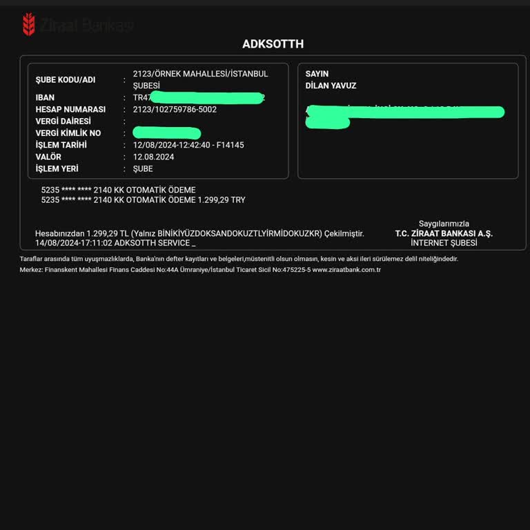 Ziraat Bankası Adksotth Service'e Habersiz Ödeme