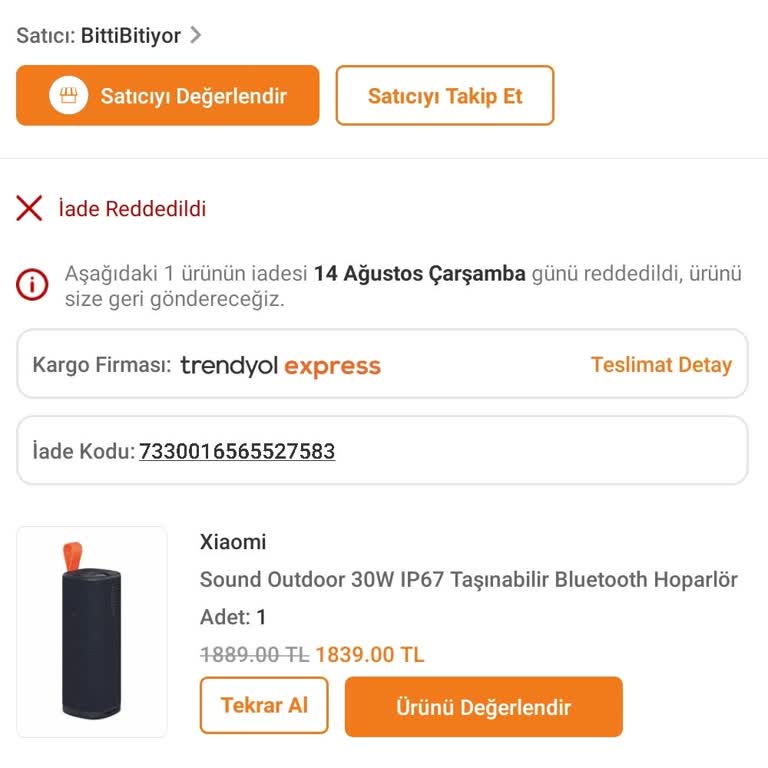 Trendyol Xiaomi Outdoor 30w Hoparlör İadesi