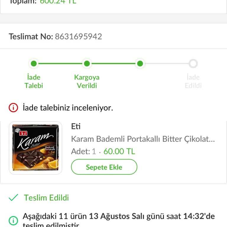 Trendyol Market Eksik Sipariş Parasını Geri Vermiyor