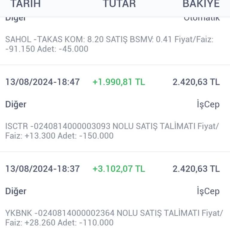 İş Bankası Borsada Alım Satım İşlemleri Hesabıma Az Para Girişi Yapılmıştır