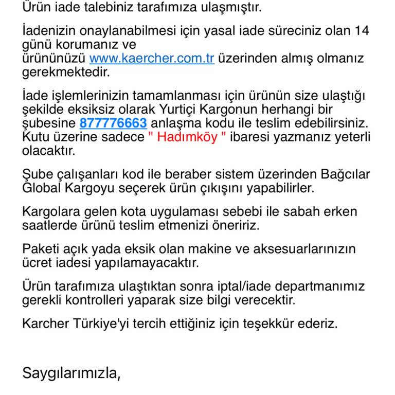 Karcher Türkiye Para İademi Yapmıyor