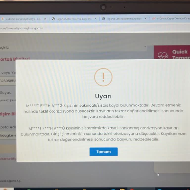 Sigorta Bilgi ve Gözetim Merkezi Sisbis Sayfasında Kaydım Olmamasına Rağmen Kaydım Gözükmekte