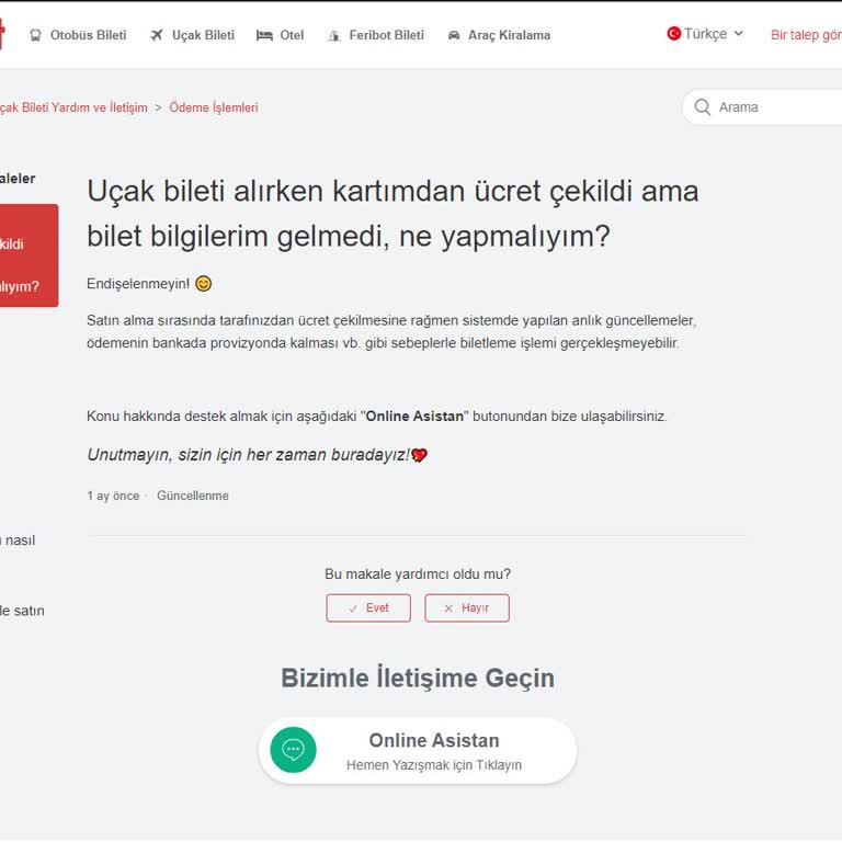 Obilet.com'dan Bilet Almak İçin Para Ödedim Ama Bilet Oluşturmadılar.