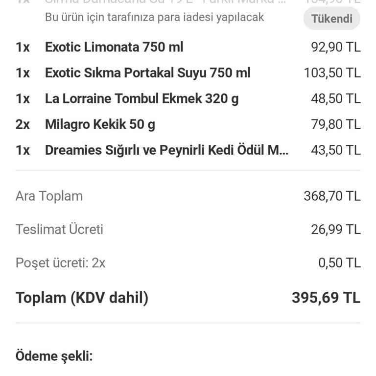Yemeksepeti Eksik Ürün Getirmesi
