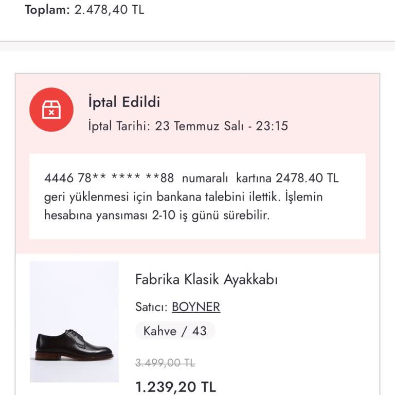 Boyner İptal İptal Edilen Siparişimin Ücreti İadesi