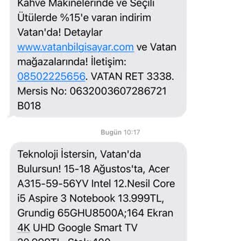 Vatan Bilgisayar İstenmeyen Reklam Mesajları