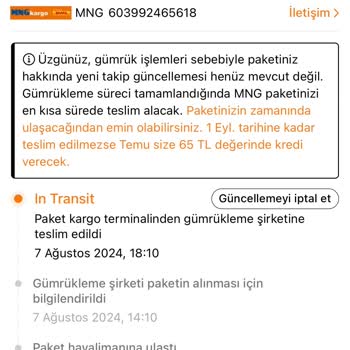 MNG Kargo Temu Siparişimi Getirmiyor. Gümrükte Bekletiyor.