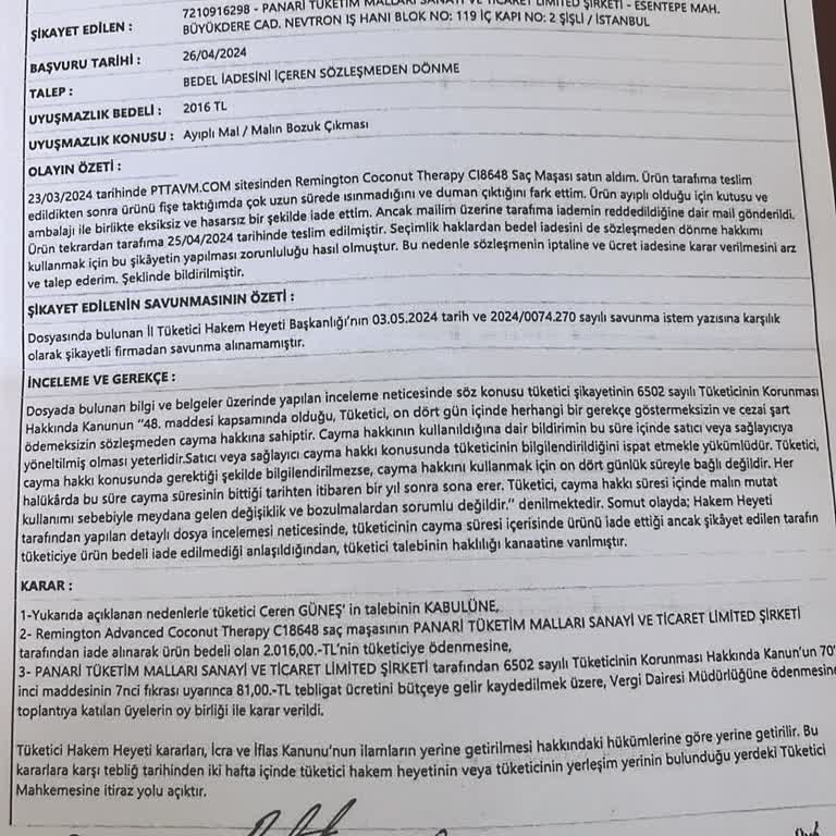 Epttavm- Tüketici Hakem Heyeti Lehime Karar Verdi. 2.016 TL'yi Ödeyin.