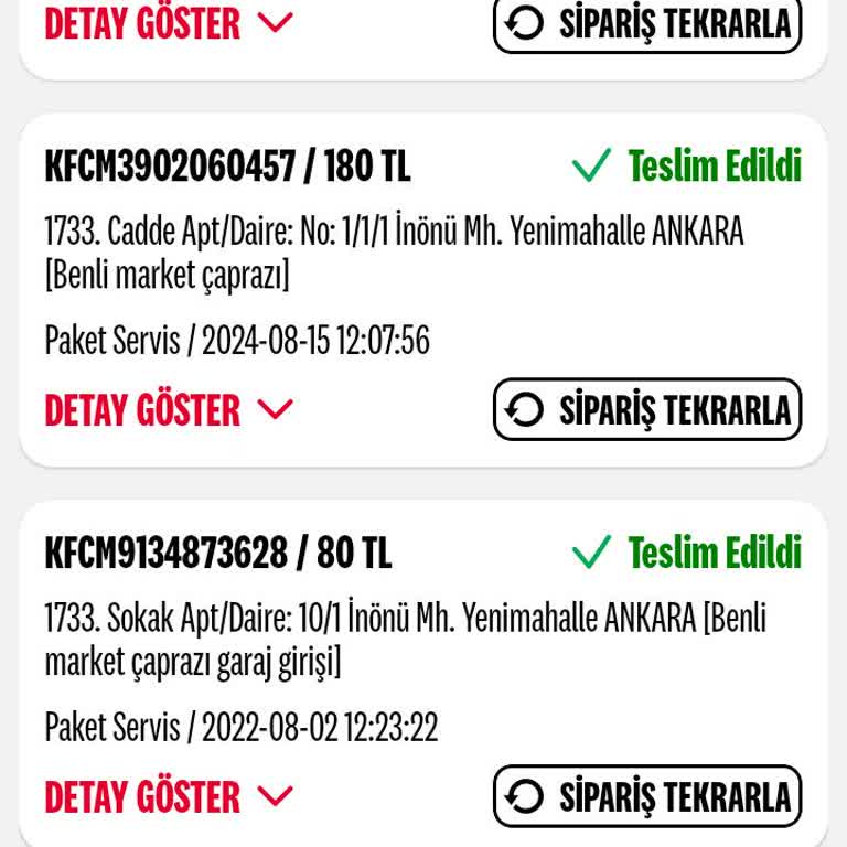KFC Yemek Siparişi Gelmedi