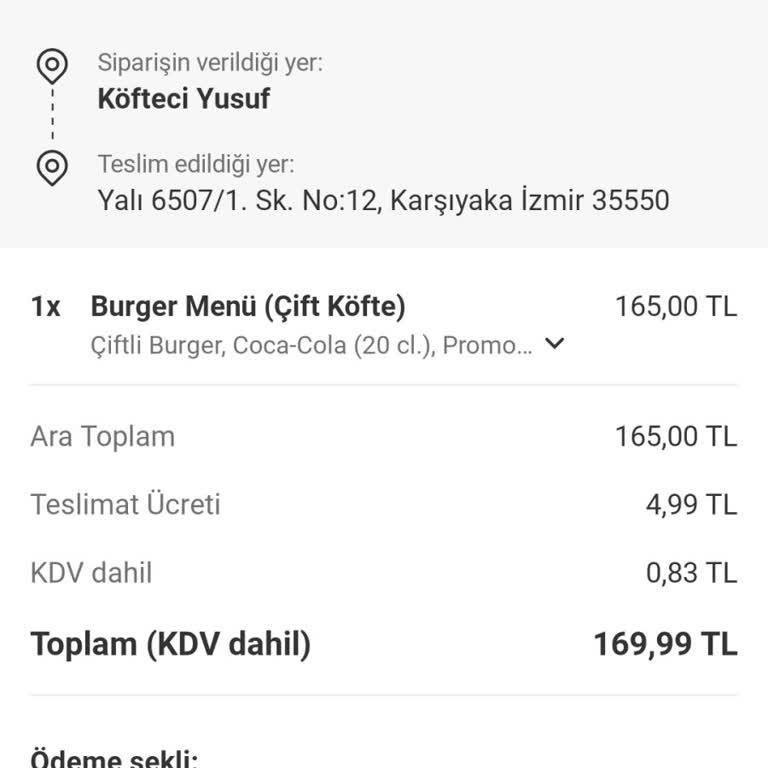 Köfteci Yusuf Eksik Ürün Gönderilmiştir