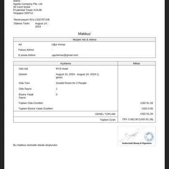 Agoda.com Şirket Adına Fatura