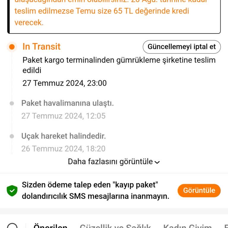 Temu Siparişimde 20 Gündür Güncelleme Yok.