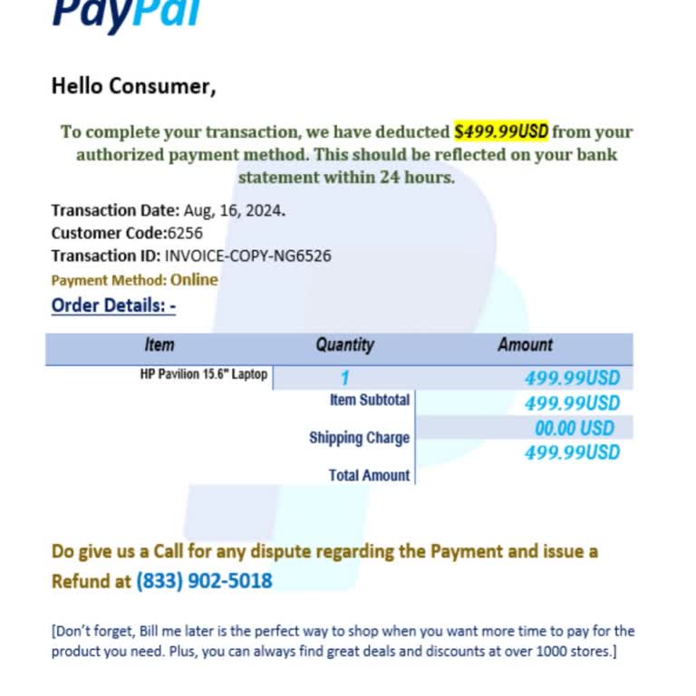 Sahte PayPal Ödeme Maili