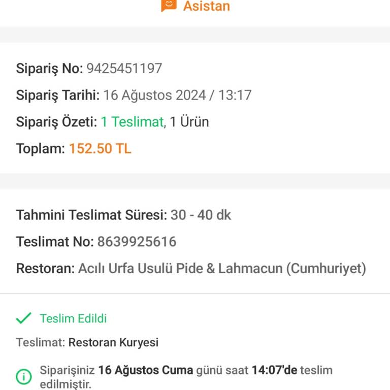 Trendyol GO/Acılı Urfa Usulü Pide&lahmacun Siparişim Teslim Edilmedi
